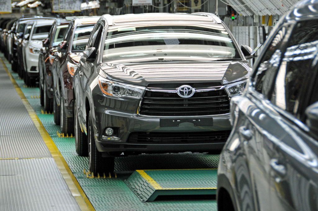 Toyota Highlanders, built with 60-70 percent of American-made parts in recent years, roll off an assembly line in Princeton, IN.