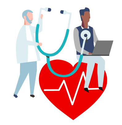 A man sitting on a giant heart, a doctor is holding a giant stethoscope next to him