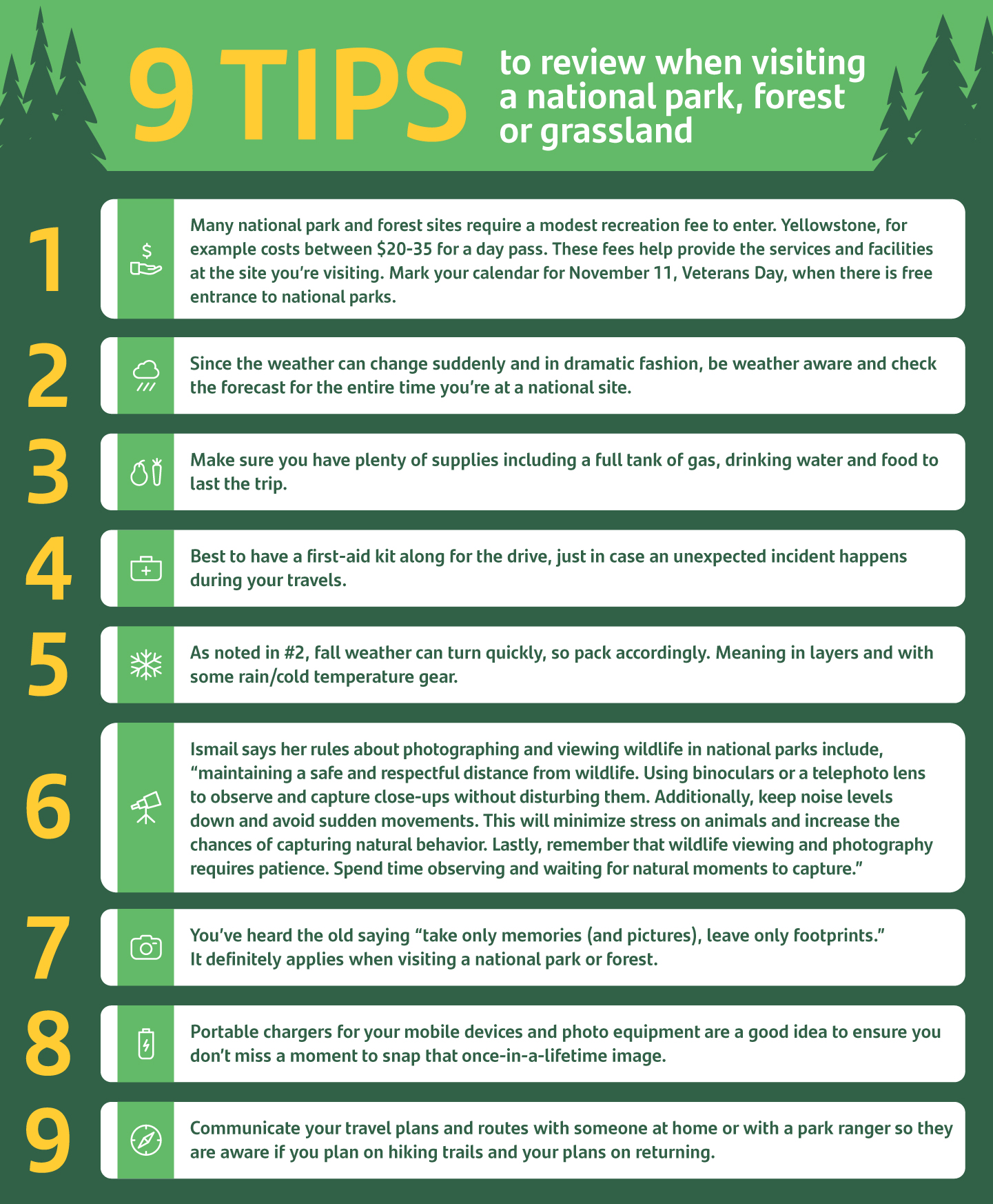 Infographic on 9 Tips to review when visiting a national park, forest or grassland