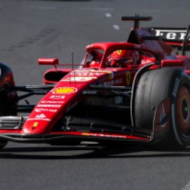 Formula 1 Ferrari car driven by Charles Leclerc on the track.