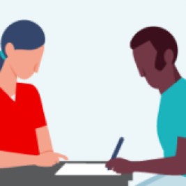 Illustration of two people sitting across from each other at a desk and one person signing a piece of paper.