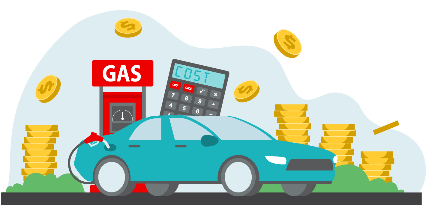 An illustration of a car being filled with gas at the pump with coins and a calcluator behind.