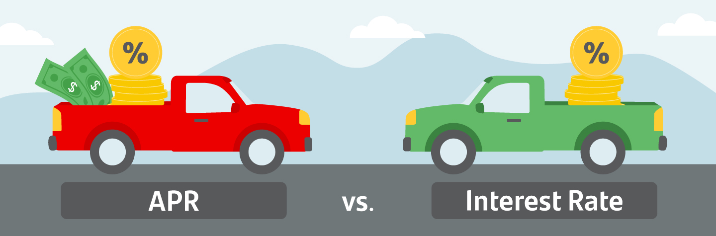 An illustration depicting auto loan APR vs. interest rate through two trucks opposite each other, one carrying coins, the other with coins and dollar bills.